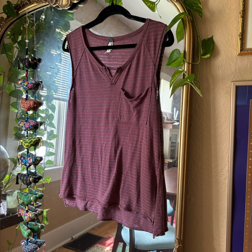 Free People Purple/Red and Slate Blue Striped Oversized Tank with Pocket XS